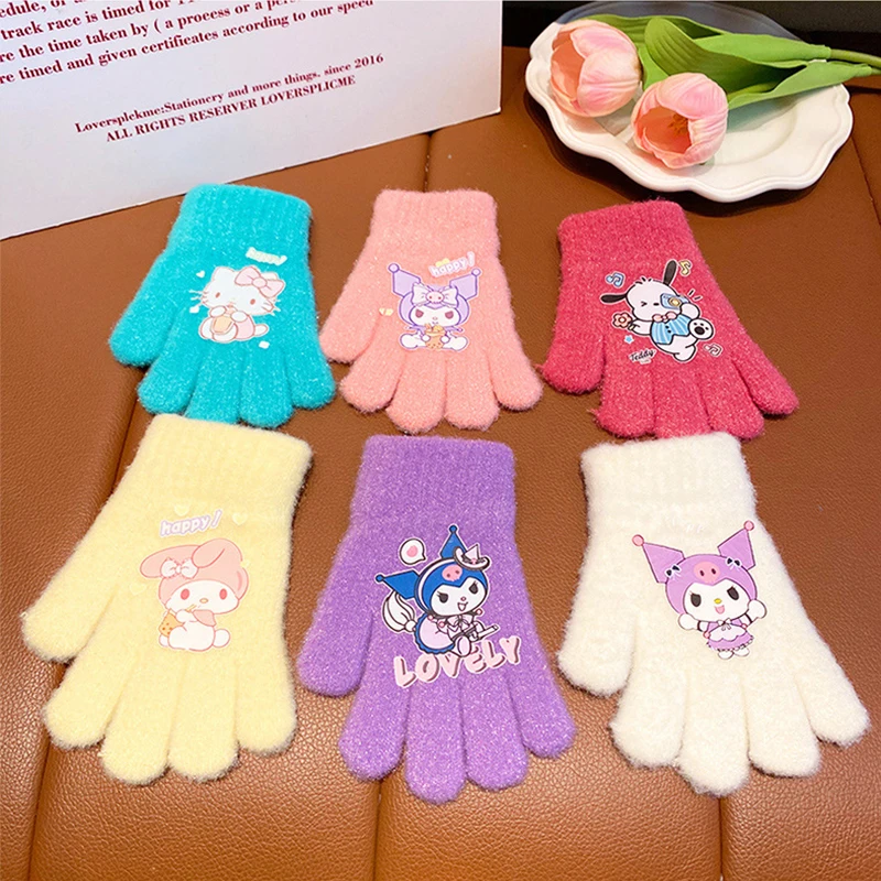 

Hello Kitty Sanrio Anime Children's Winter Warm Knitted Five-Finger Gloves Kawaii Kuromi My Melody Girls' Plush Fingered Gloves
