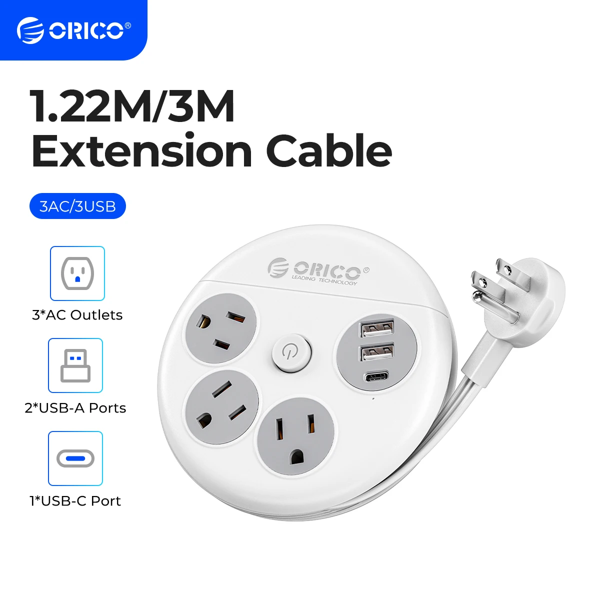 

ORICO Power Strip Travel Adapter Smart US Plug Multiple Extension Socket with 2 USB Ports Type C Fast Charge for Travel Office