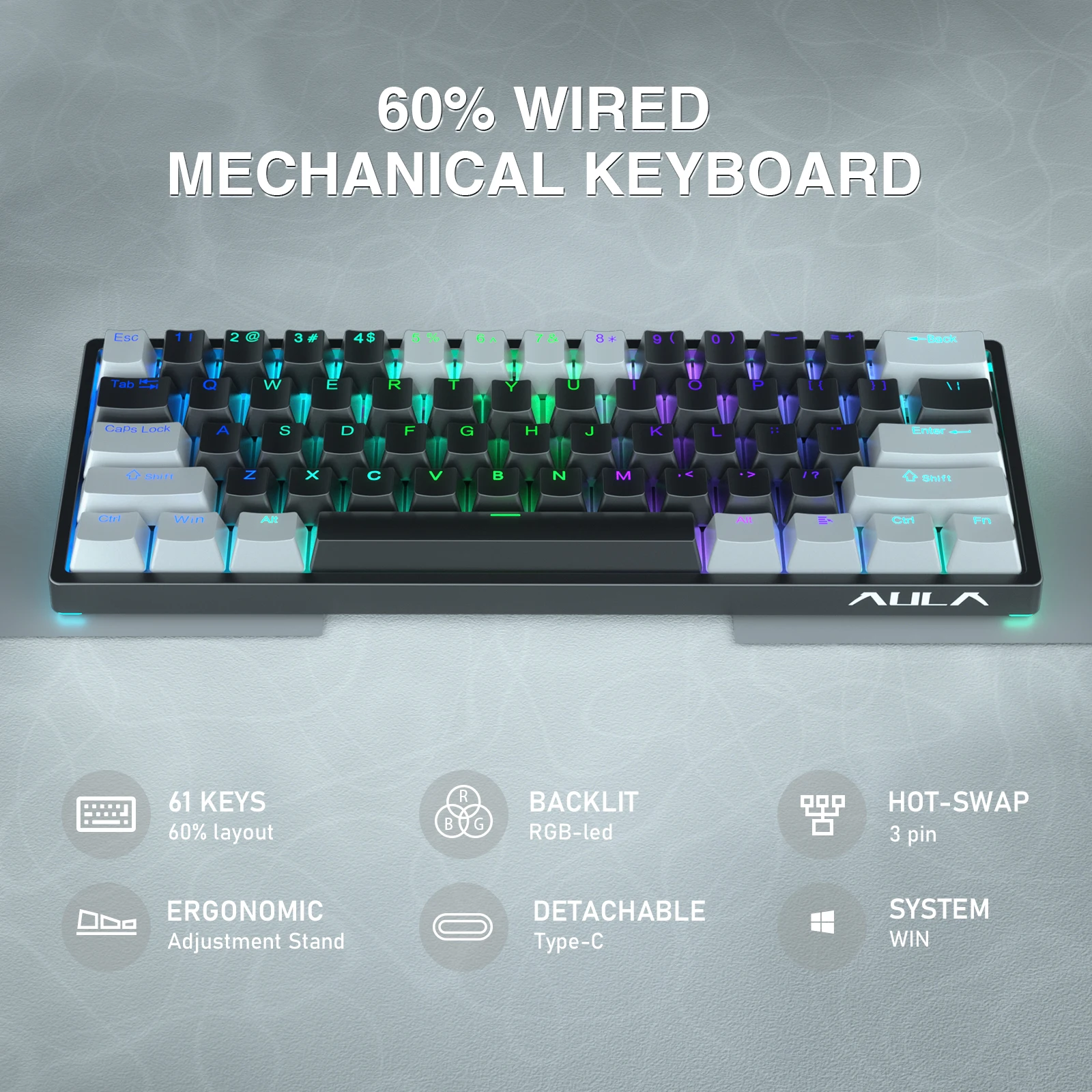 Teclas Teclado com Fio Mecânico Teclado de Jogos Hot-swap Software Personalizado para Tablet Laptop 60 Layout Rgb Backlit Aula-f3261 61 - Imagem 5
