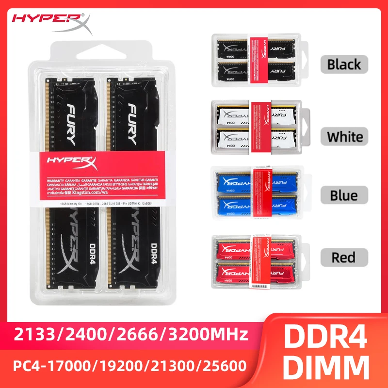 HyperX Fury Memoria DDR4 16GB (2x8GB) 32GB (2x16GB) Kit RAM 3200MHz 2666MHz 2400MHz 2133MHz Desktop RAM 1.2V DIMM PC-21300 25600