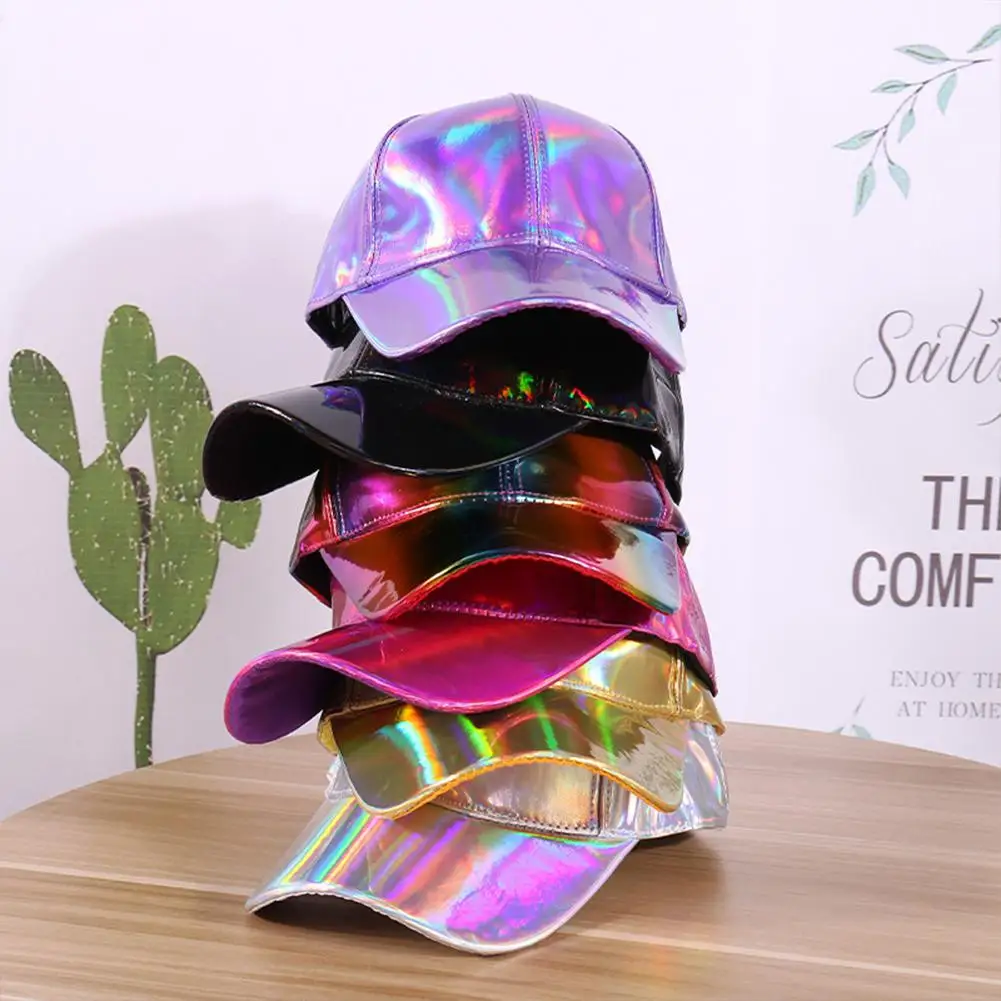 Adjustable Baseball Cap Leather Fashion Trend Reflective Gradient Colorful Hip Hop Hat Casual Hat for Outdoor Beach UV protectiv