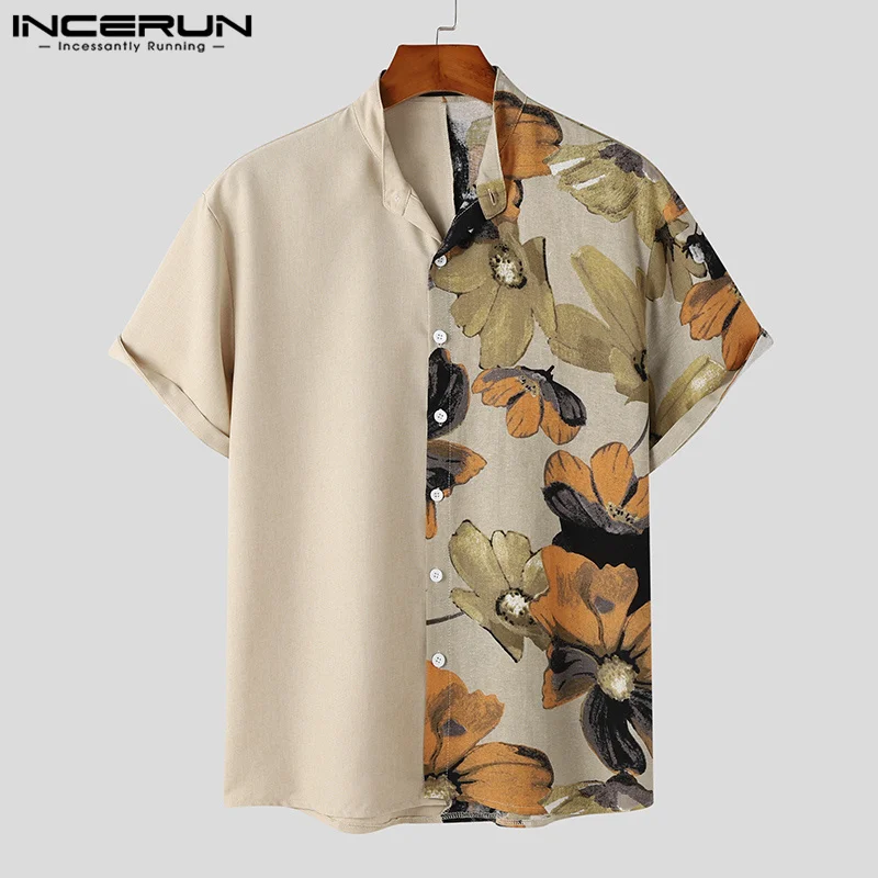 INCERUN Tops 2023 Korean Style New Men's Retro Solid Patchwork Ink Flower Printing Blouse Casual Male Short Sleeved Shirts S-5XL