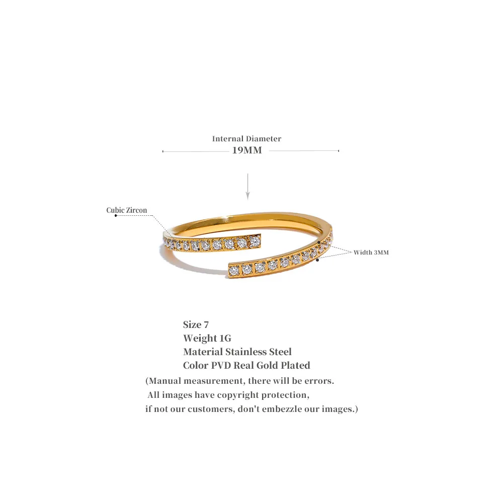 Yhpup 절묘한 미니멀리스트 큐빅 지르코니아 스테인레스 스틸 오픈 반지 여성 세련된 한국어 패션 황금 방수 손가락 쥬얼리