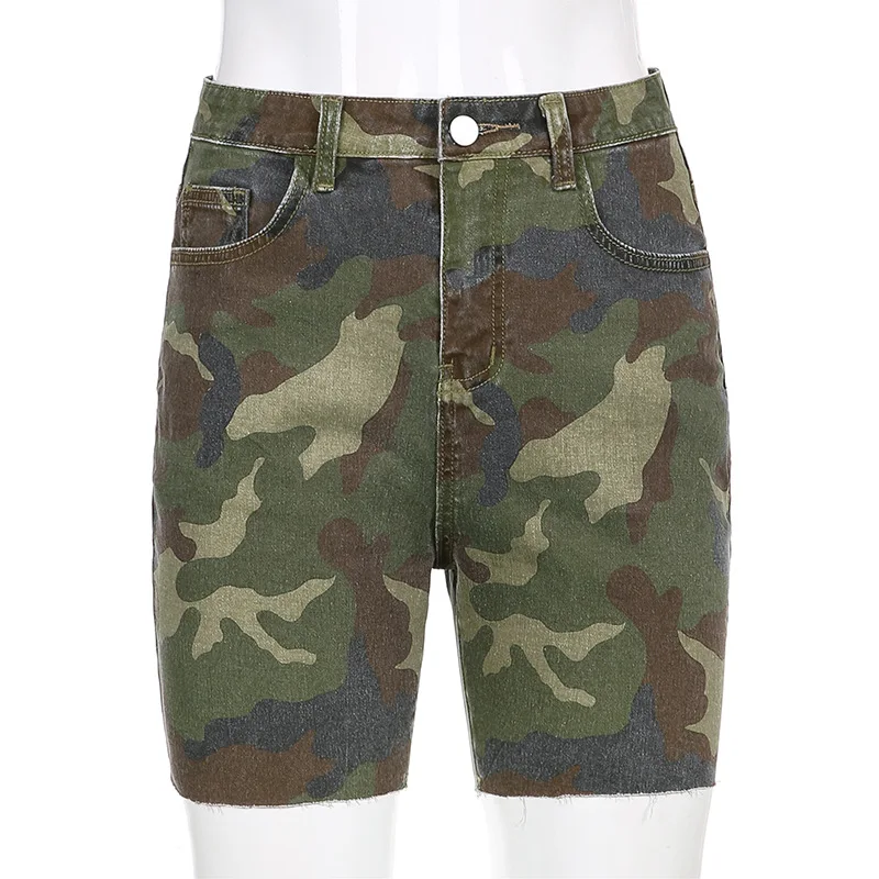  Summer Retro Shorts Knee Length Streetwear Women Military Camouflage Denim Jeans New Ladies Skinny Hip Hop Bottom Clothes