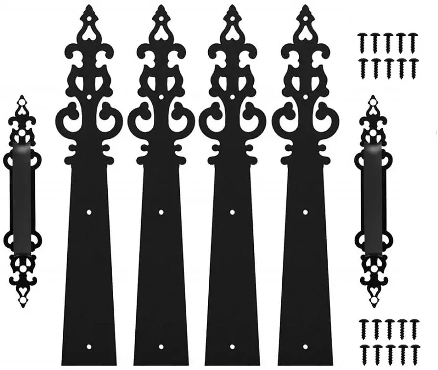 Description Picture 6 of itemMetal Gate Door House Hinge Handle Set Decorative Garage Door Carriage Door Hardware Black 2 Handles 4 Hinge with Screws