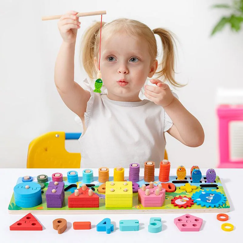 

Montessori Math Toys Kids Wooden Count Board Number Shape Matching Sorter Games Educational Wooden Puzzle Fishing Cognitive Toys