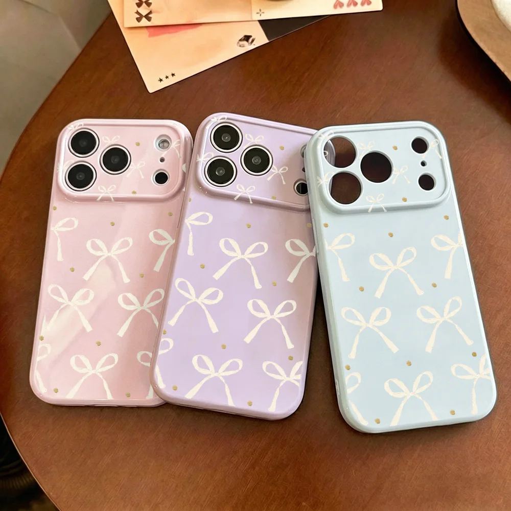 Elegant Cream Bow Phone Case with Gold Dot Accents