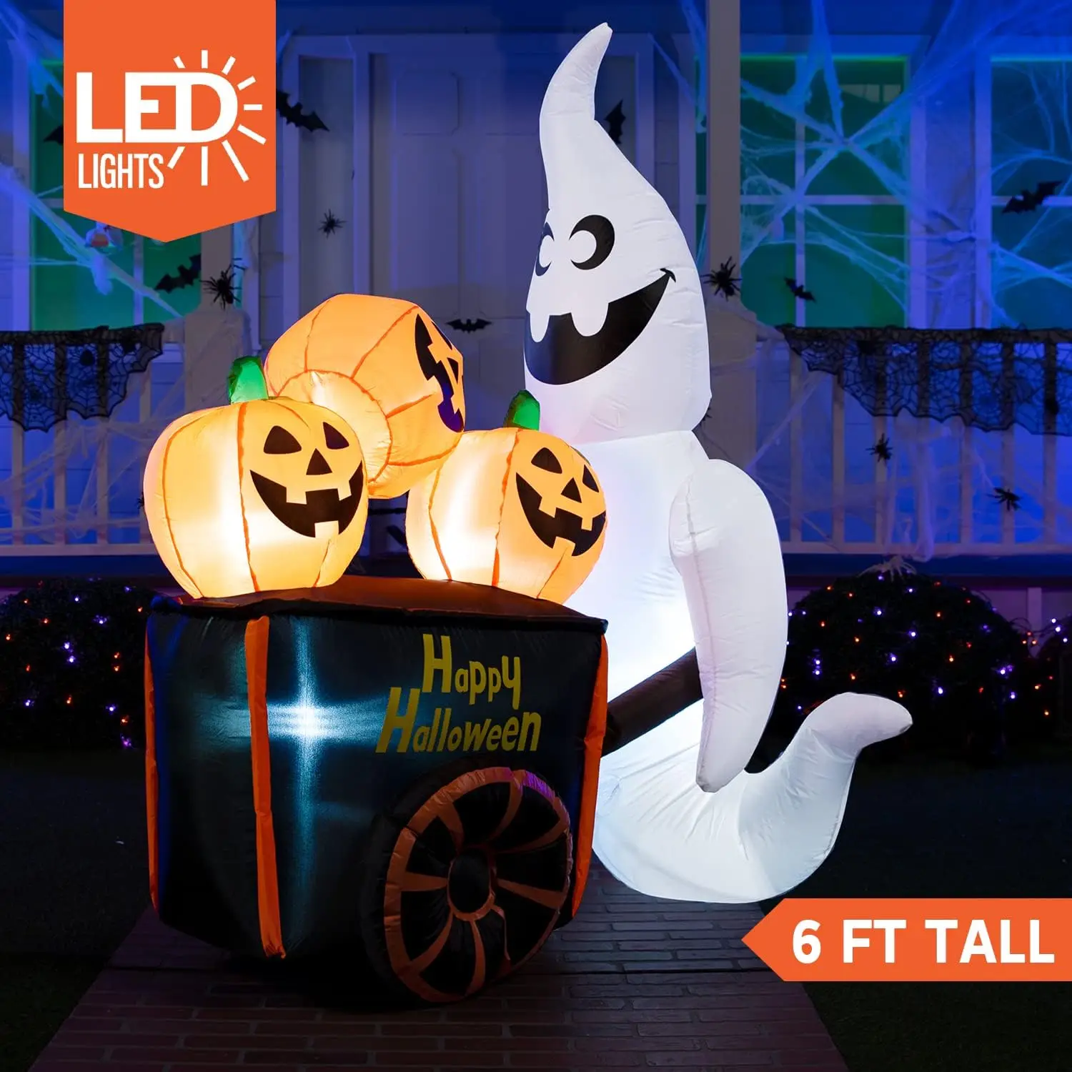 6 FT Halloween Inflatable Ghost Pushing Pumpkin Cart with Build-in LEDs Blow Up Inflatables for Halloween Party Yard Outdoor Toy 5