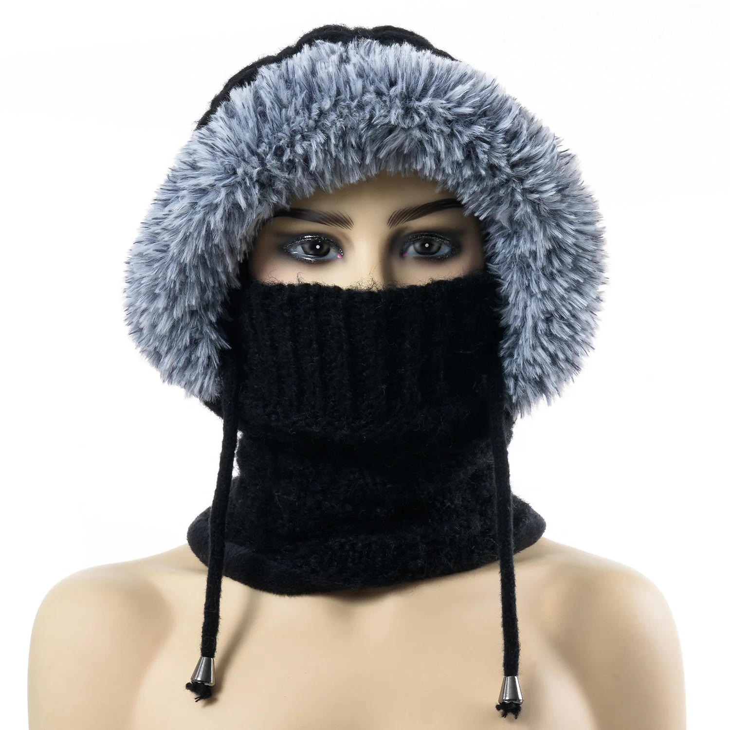 Winter Cap Scarf  Mask Set Knitting Balaclava Hat Hooded Neck Warmer Outdoor Hike Cycling Cap Women Warmth Cover Hat Hooded Cap 4