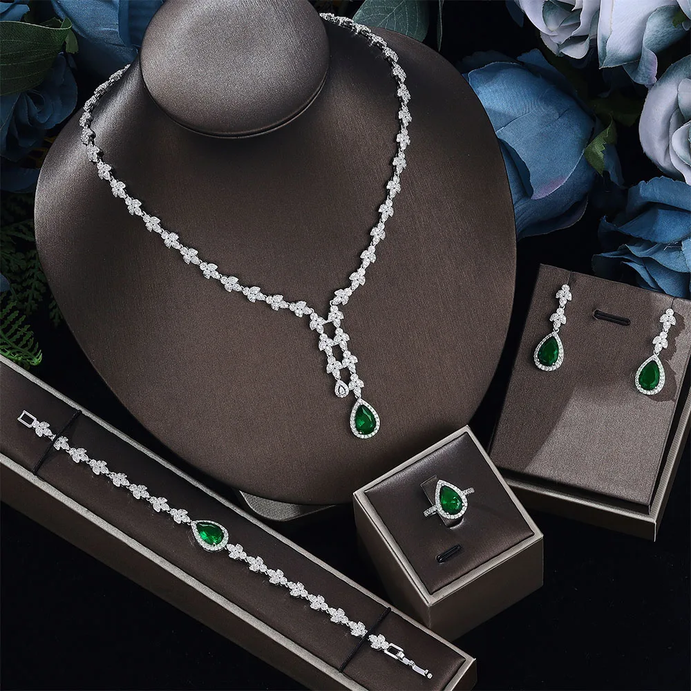 

Hot 4 pieces of cubic zirconia jewelry, luxury Dubai Nigerian crystal wedding necklace, popular in Central Asia