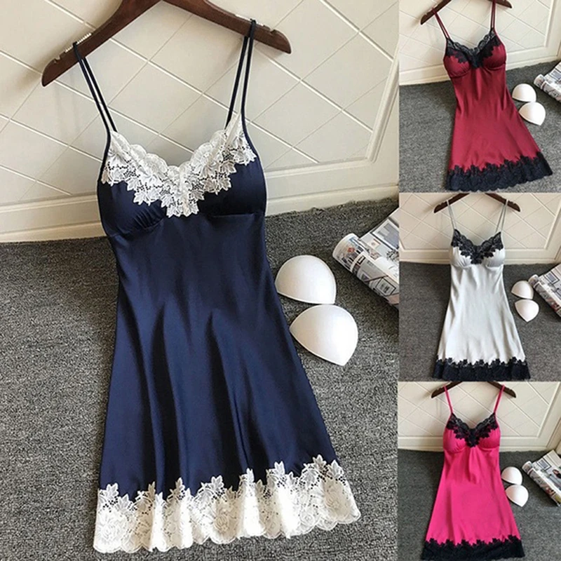Women Lingerie Women Lingerie Set Women Nightgowns Women Nightdresses Sleeping Dress Women's Sexy Lingerie Summer Silk Night Gown Lace Patchwork Mini Night Dress Spaghetti Strap NO Chest Pad Sleepwear For Ladies