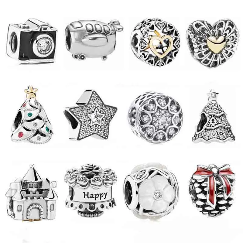 

DIY Charm Flying High Aeroplane Christmas Tree Black Camera Birthday Cake 925 Sterling Silver Bead Fit Bracelet Jewelry
