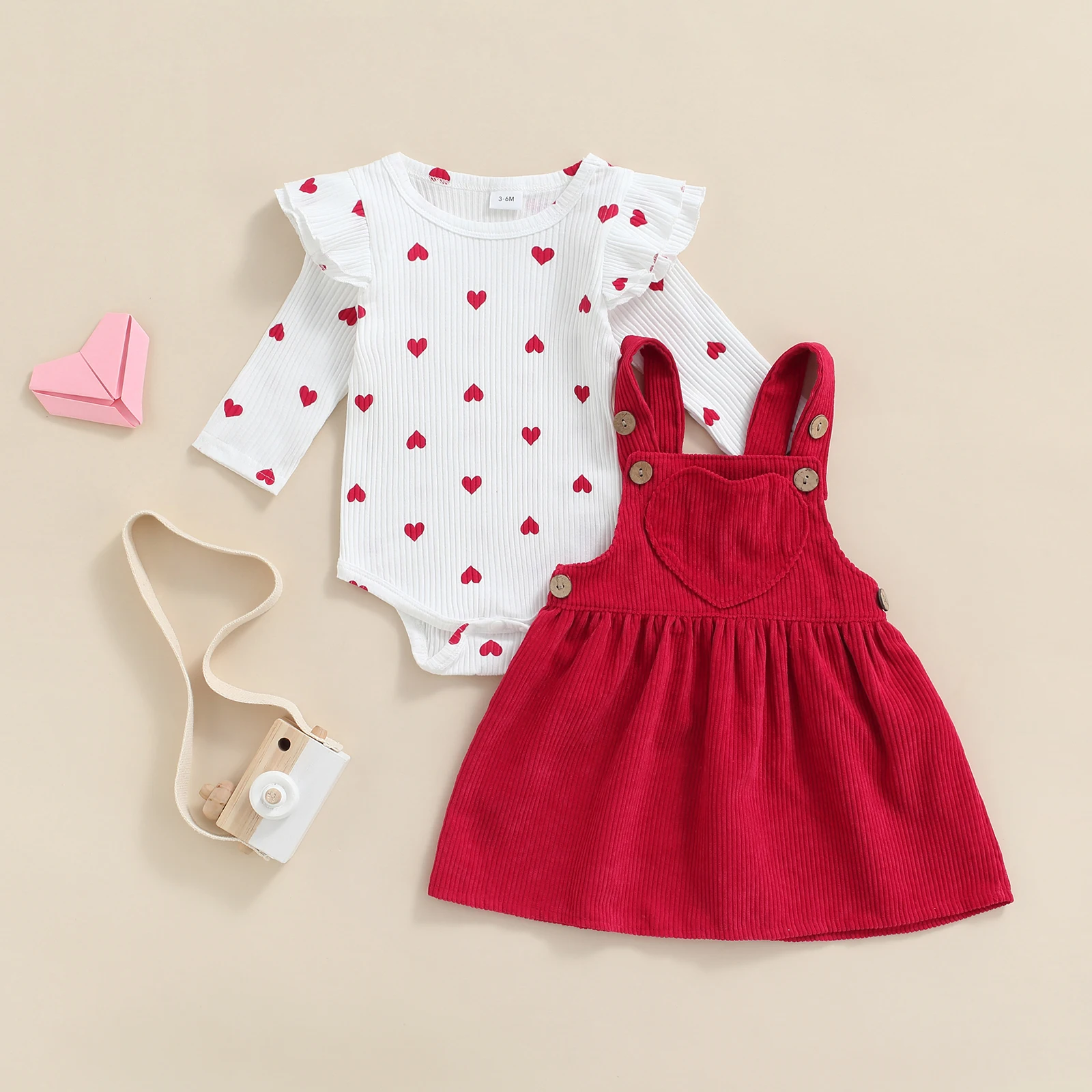 Citgeett Spring Valentine's Day Infant Baby Girls Clothes Sets Heart Print Ruffles Long Sleee Bodysuits+Suspender Skirts Outfit