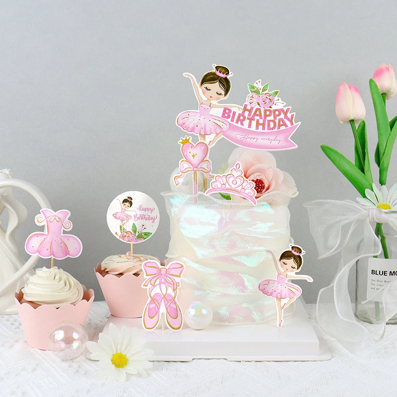 Topper per torta per ragazza ballerina rosa Toppers Abo a corona Bambini Buon compleanno Festa di nozze Baby Shower Torta da forno Dessert Decorazioni fai da te  15