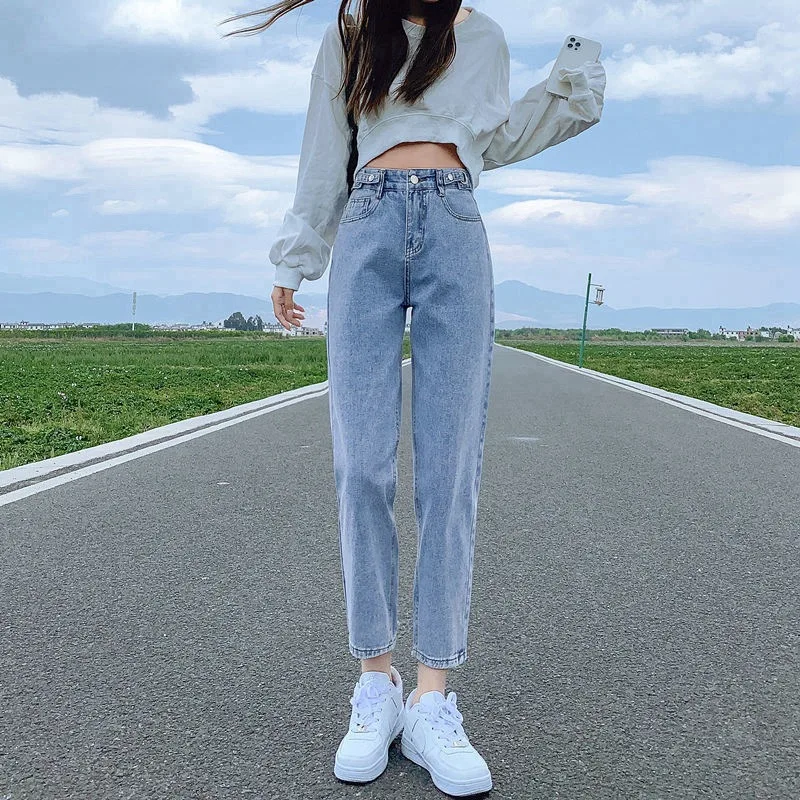 Thin Section Adjustable High Waisted Jeans Summer Wide Legged Nine Minute Straight Radish Harem Trousers for Women women s broken holes denim harem trousers versatile and thin high waisted nine minute old dad jeans