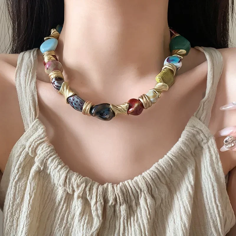 Vintage florale runde Keramik-Halskette für Damen, Sinn für Design 2024, neu in der Mode, Halsketten, Party-Schmuck, Geschenk – Detail 8