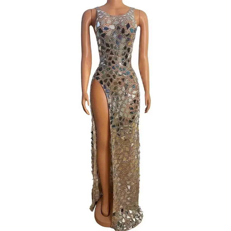 

Evening Wedding Celebrate Costume Birthday Photography Dress Women Sexy Sparkly Mirror Rhinestone Transparent Split Long Dress