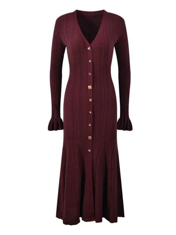 Women Chic V Neck Single Breasted Flared Sleeve Ruffles Hem Thicken Sweater  Dresses Autumn Winter Shine Knitted Robes Vestidos - AliExpress 200000345