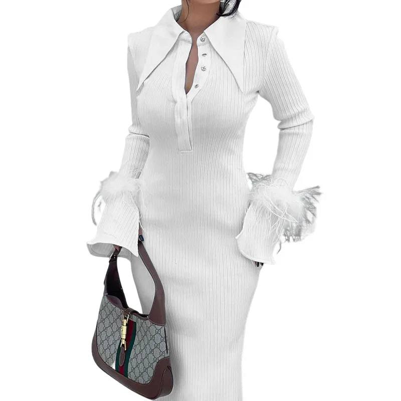 

Women Fashion Turn Down Collar Feather Evening Party Bodycon Long Dress Ribbed Knitted Autumn Black Maxi Robe AM5166