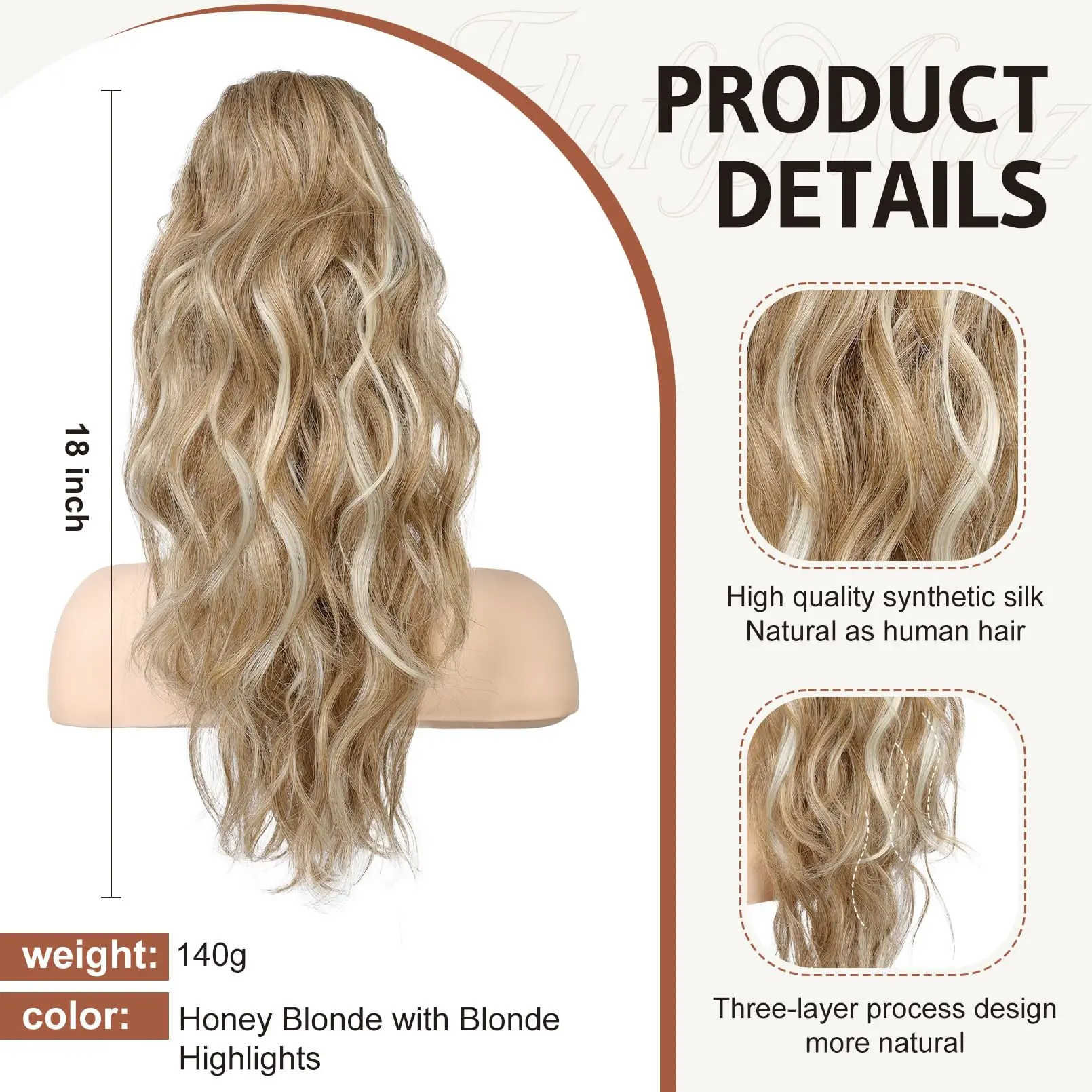 Ponytail hair extensions, 45cm claw clip ponytail, wavy curl claw clip ponytail synthetic wig