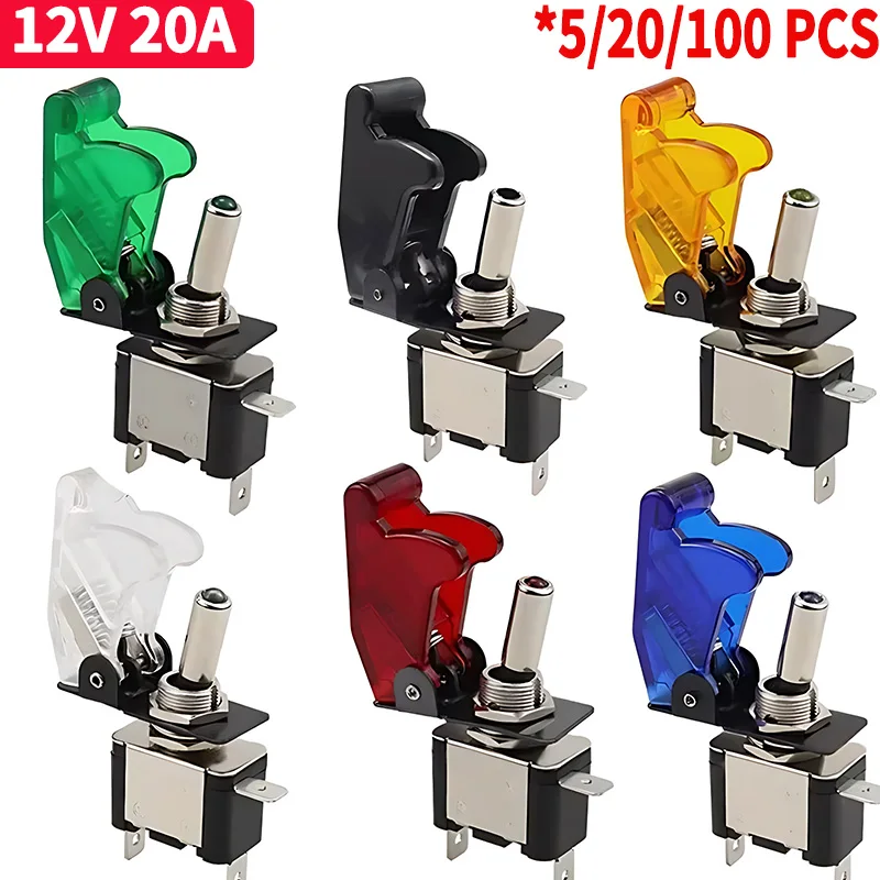 Light Switch Auto Car Boat Truck 12V20A LED Toggle Switch Light Illuminated 3pin ON Off with Safety Aircraft Flip Up Cover Guard Red Green