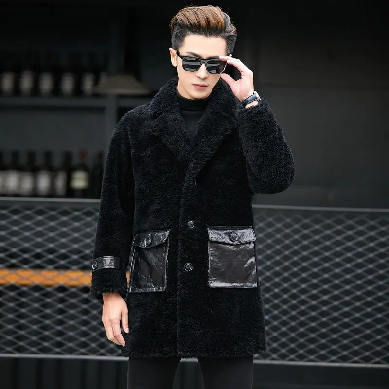 

2023 Men's Autumn Winter New Sheep Shearing Warm Coats Male Long Real Lamb Fur Jackets Men Pockets Genuine Fur Overcoats I501