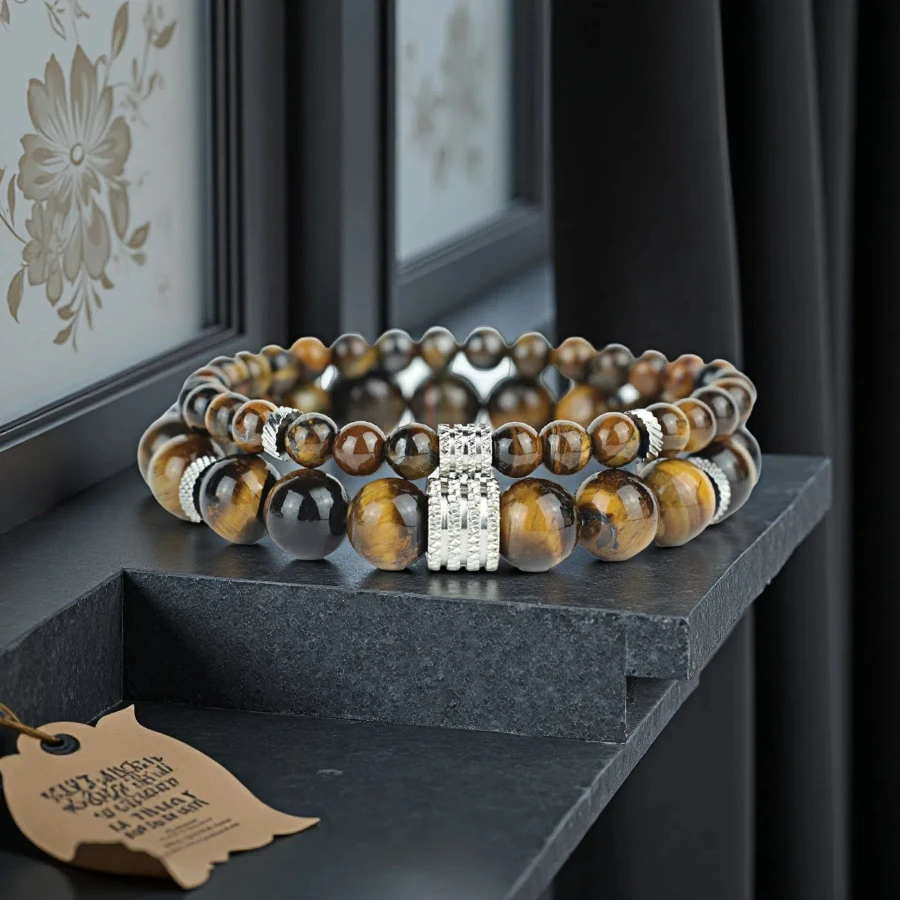 Men Tiger Eyes Howlite Obsidian Stainless Steel Bracelet Set