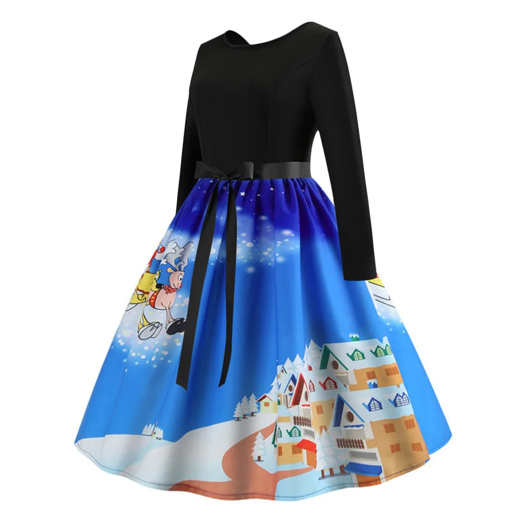 

Winter Christmas Dresses Women 50S 60S Vintage Swing Pinup Women's Vintage Print Long Sleeve Christmas Evening Party Swing Dress