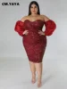 CM.YAYA Plus Size Women Mesh Lantern Sleeve Off Shoulder Sequined Bodycon Midi Dress 2023 Evening Sexy Party Dresses Vestidos