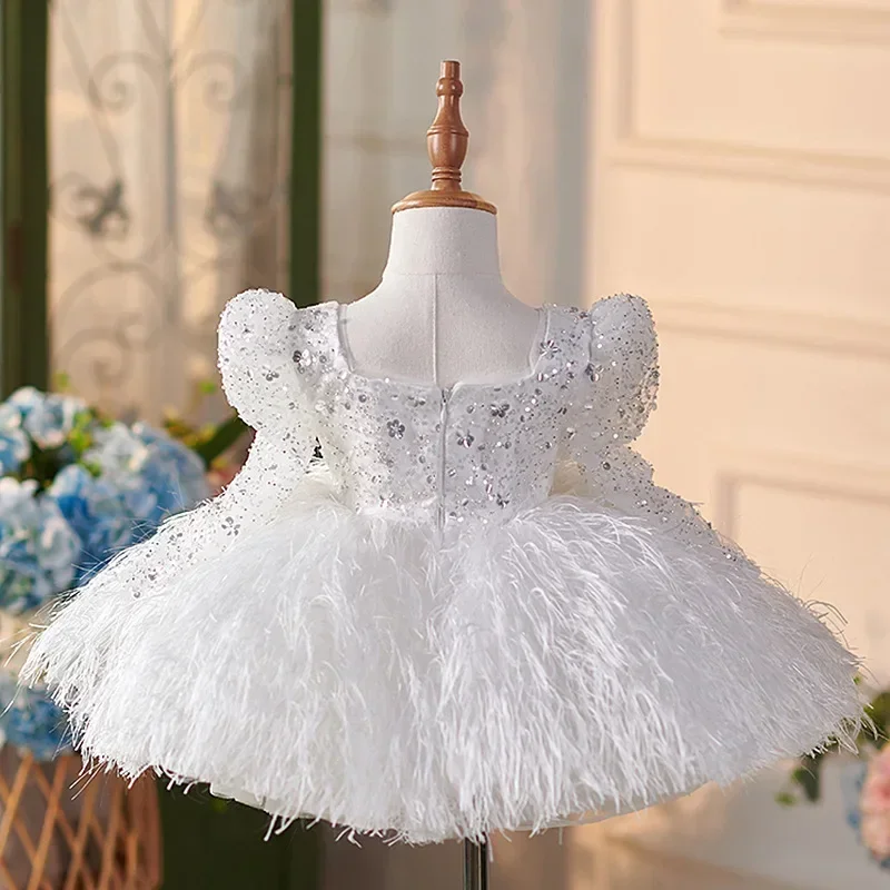 Bridesmaid Dress for Flower Girls Princess Weddings Luxurious Kids Sequin Hostess Costume Matching Children Feather Gown Outfit - 4