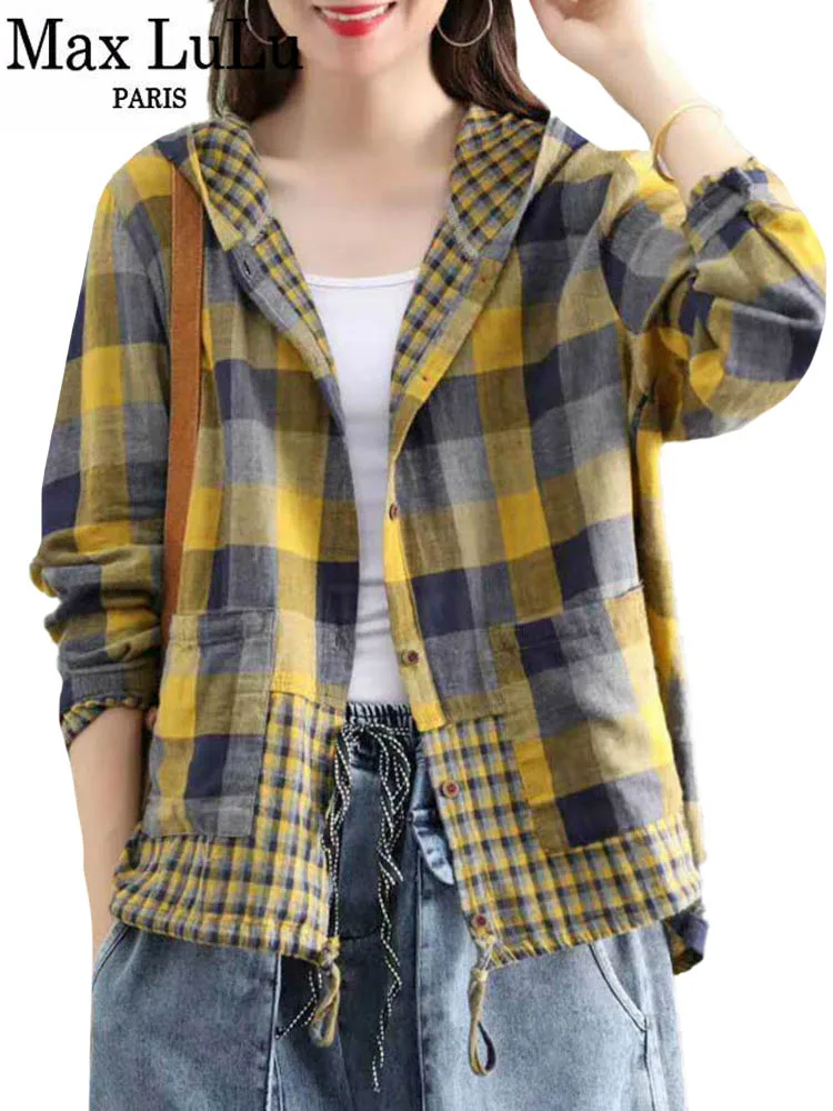 Max LuLu 2024 Fashion Korean Designer Clothes Womens Plaid Hooded Shirts Ladies Linen Loose Blouses Female Casual Oversized Tops
