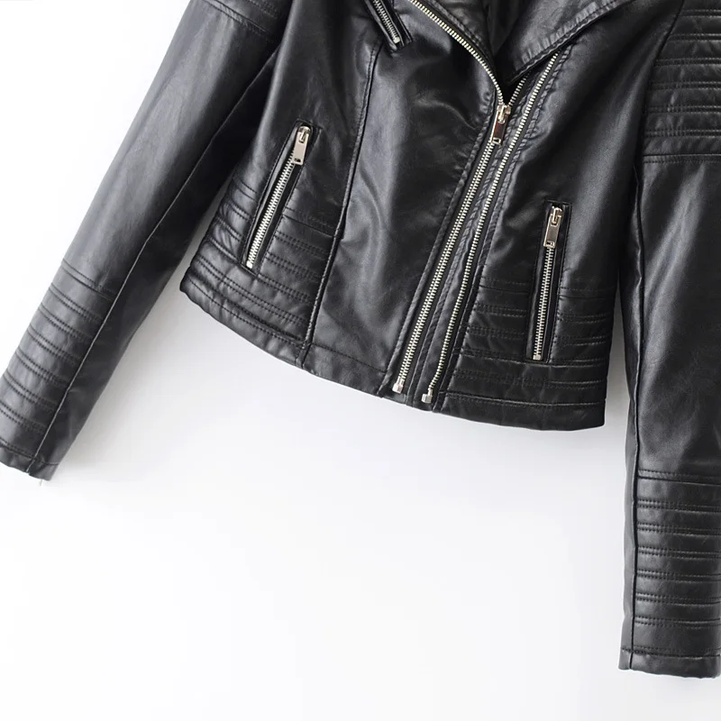 Jackets Women Elegant Turn Down Collar Faux Leather Coats Streetwear Zipper Splice Pockets Jacket Slim Fit High Street