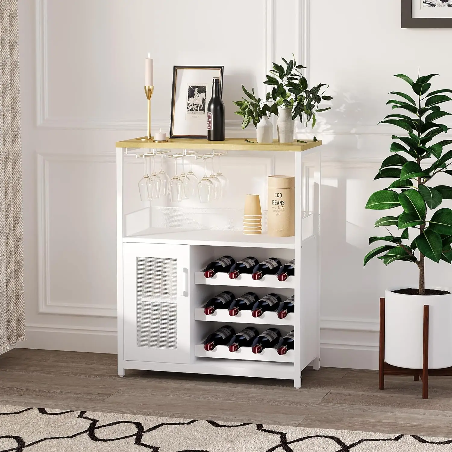 UK Bar Cabinet, Wine Rack Cabinet with Detachable Wine Rack, Adjustable Shelves Coffee Bar Cabinets with Mesh Door and Baffle De