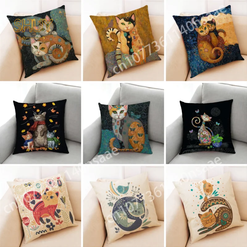 

New Art Mural Cat Print Pillow Case Non-Toxic Cushion Cover Home Sofa Decorative Polyester Peachskin Pillowcase New Year Gift