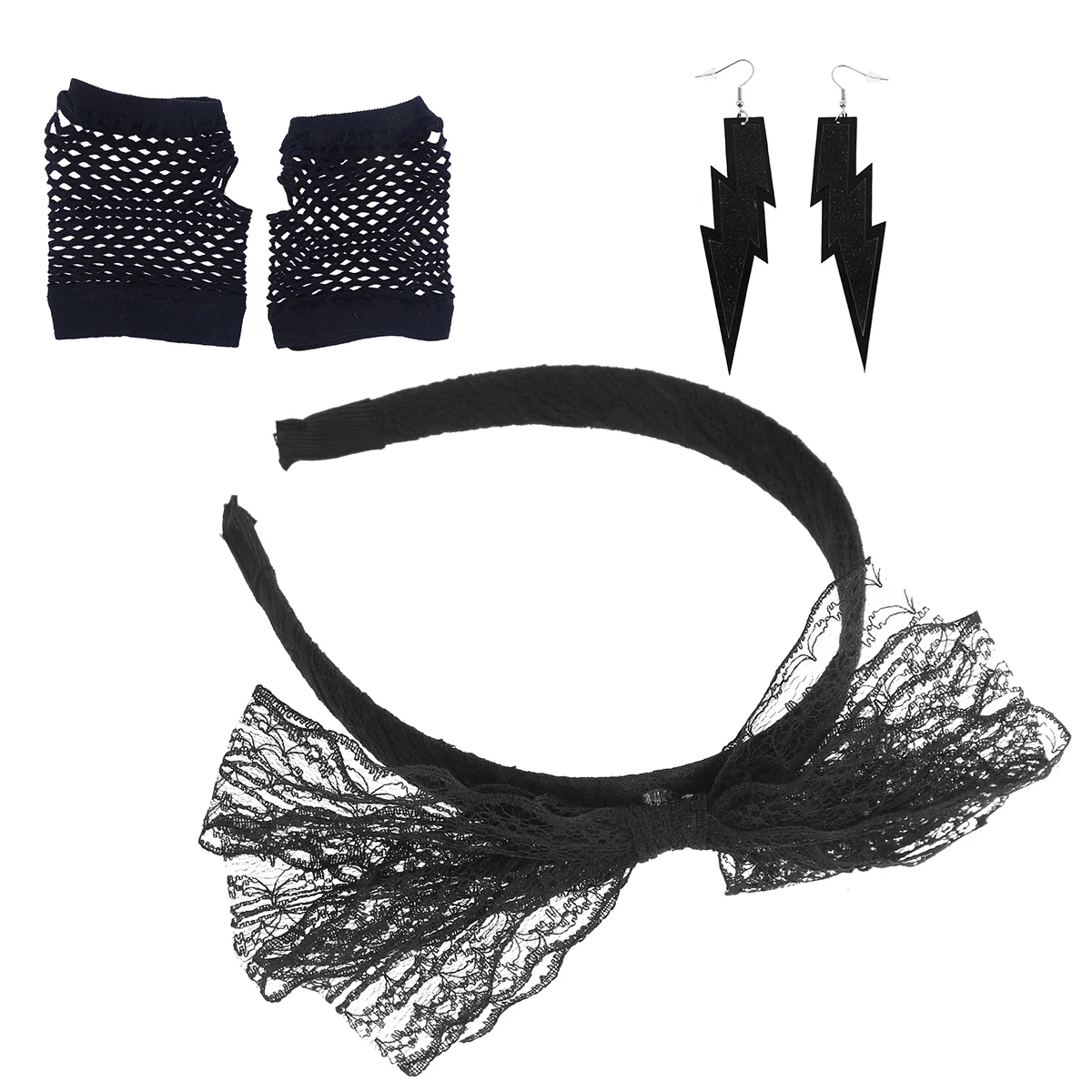 Fingerless Gloves Elastic Lace Headband Neon Earrings Women 80s Party Costumes Fishnet Gloves Plastic Ear Hooks Hair Band