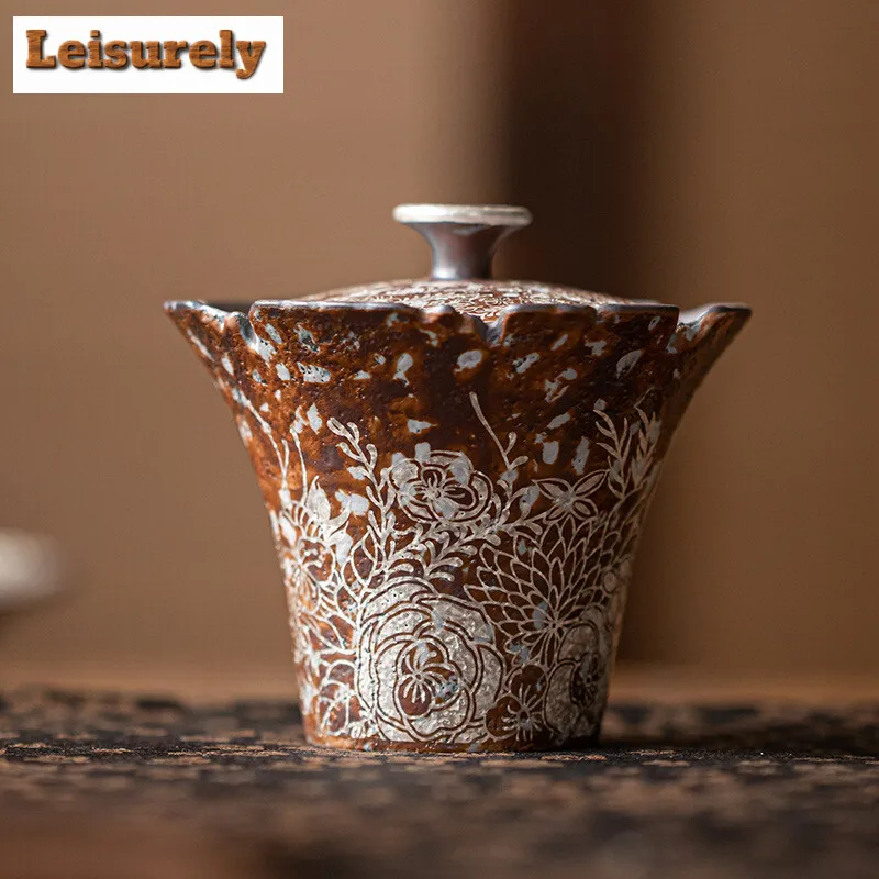 150ml Retro Gilded Silver Flower Mouth Gaiwan Zen Coarse Pottery  Tea Tureen Household Tea Maker Cover Bowl Chinese Tea Set Gift