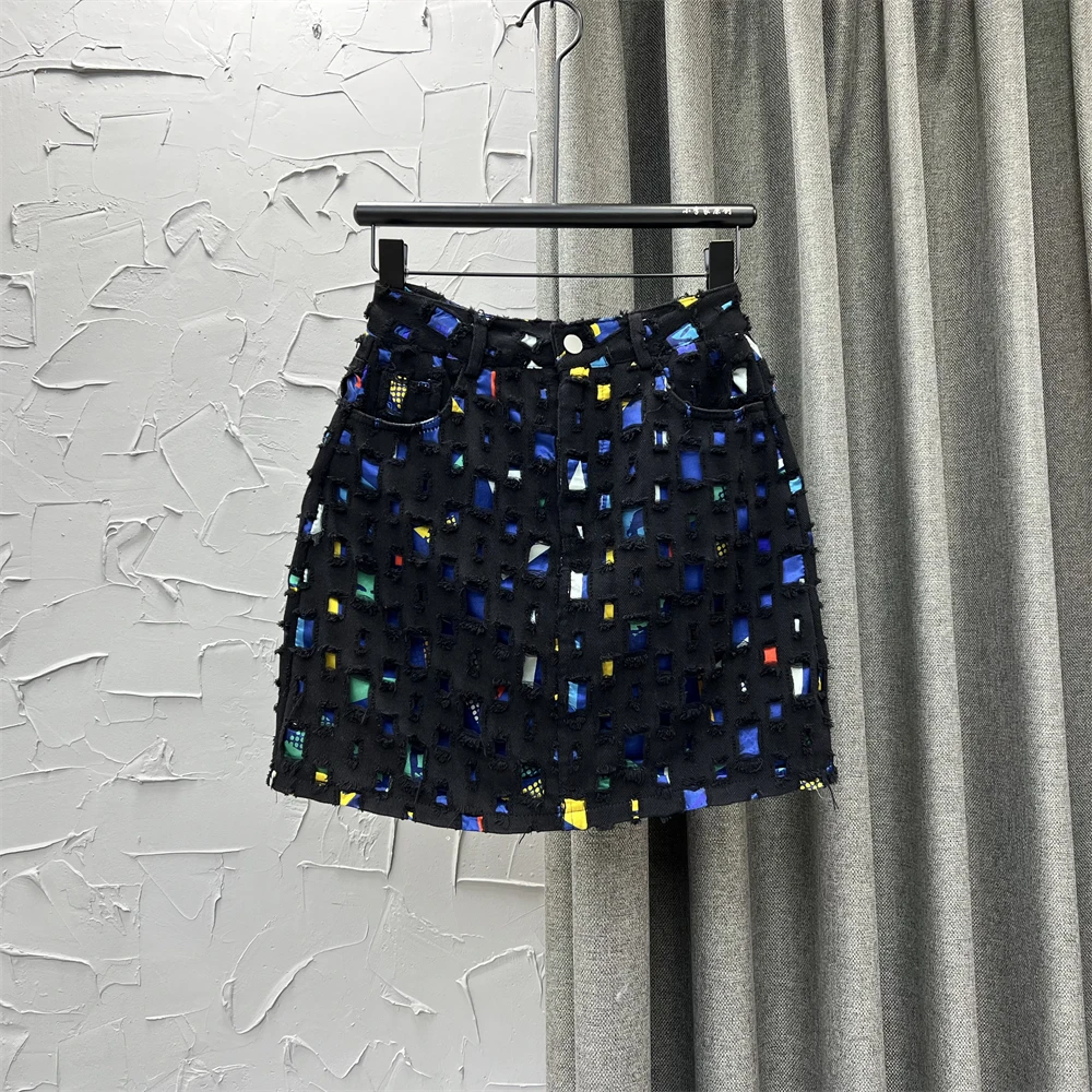 

Women's Short Skirt 2023 Summer New Sexy Hollowed Out Broken Color Bump Bag Hip Fashion High Waist Denim Skirt Free Shipping