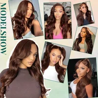 Perruque Body Wave 46 pouces # Perruques frontales en dentelle HD transparente 13x4 13x6 en cheveux Remy brun chocolat, pré-épilées, pour femmes 5
