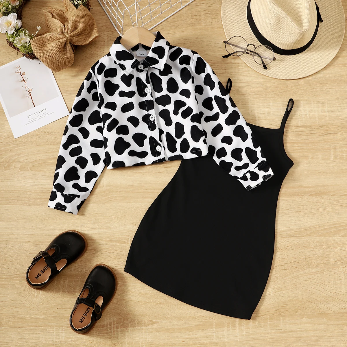 Girl's Spaghetti Strap Dress with Cow Print Coat 1