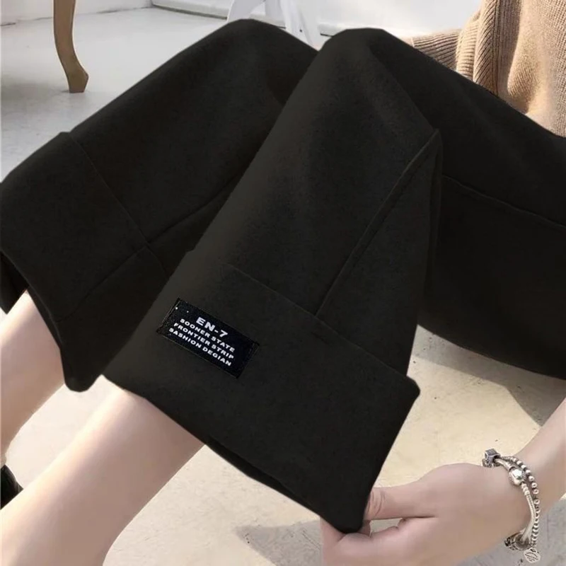 Women'S Casual Woolen Wide Leg Pants Korean Fashion Elastic Waist Baggy Trousers All-Match Large Size Stretch Ankle-Length Pant