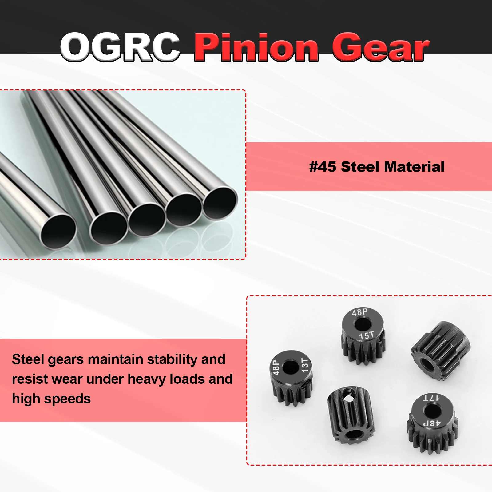 5-Piece 48P Hardened Steel Pinion Gear Set (13T-17T) For 1/10 RC Cars - 3.175mm Shaft