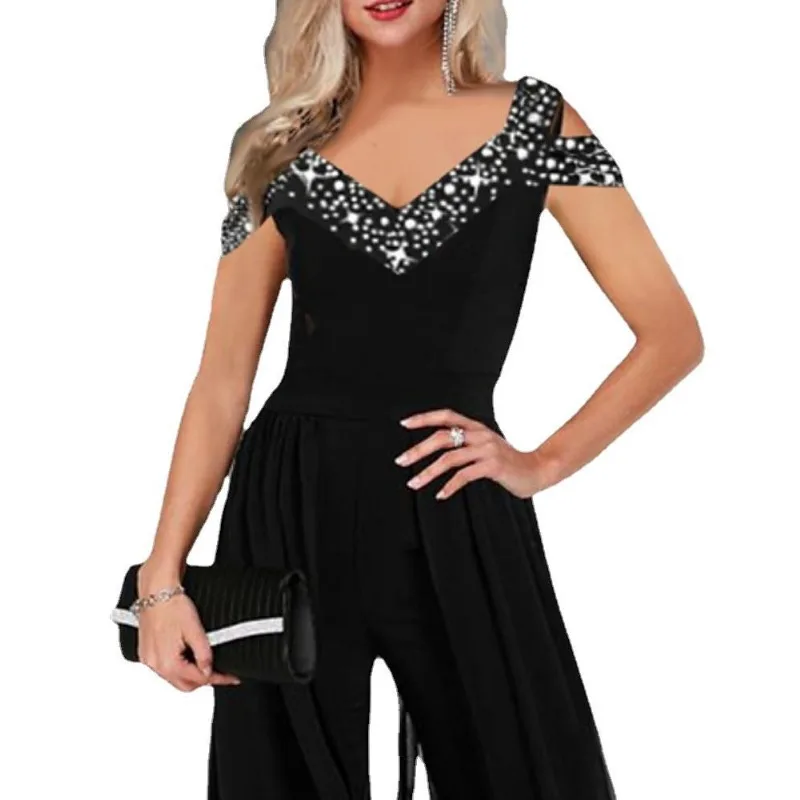 Summer Women's Elegant Printed V-neck Off Shoulder High Waist Jumpsuit Commuting Female Casual Fashion Wide Leg Jumpsuits New