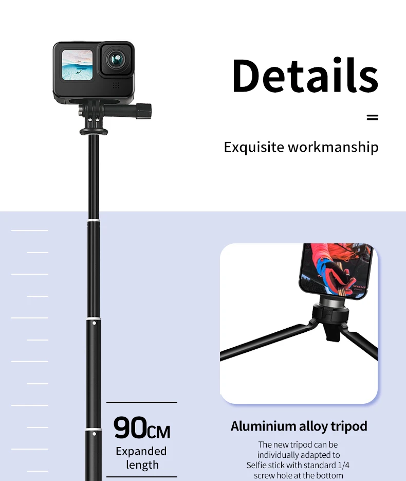 For GoPro Selfie Stick 360° Rotation Foldable Tripod Phone Holder Aluminum Alloy