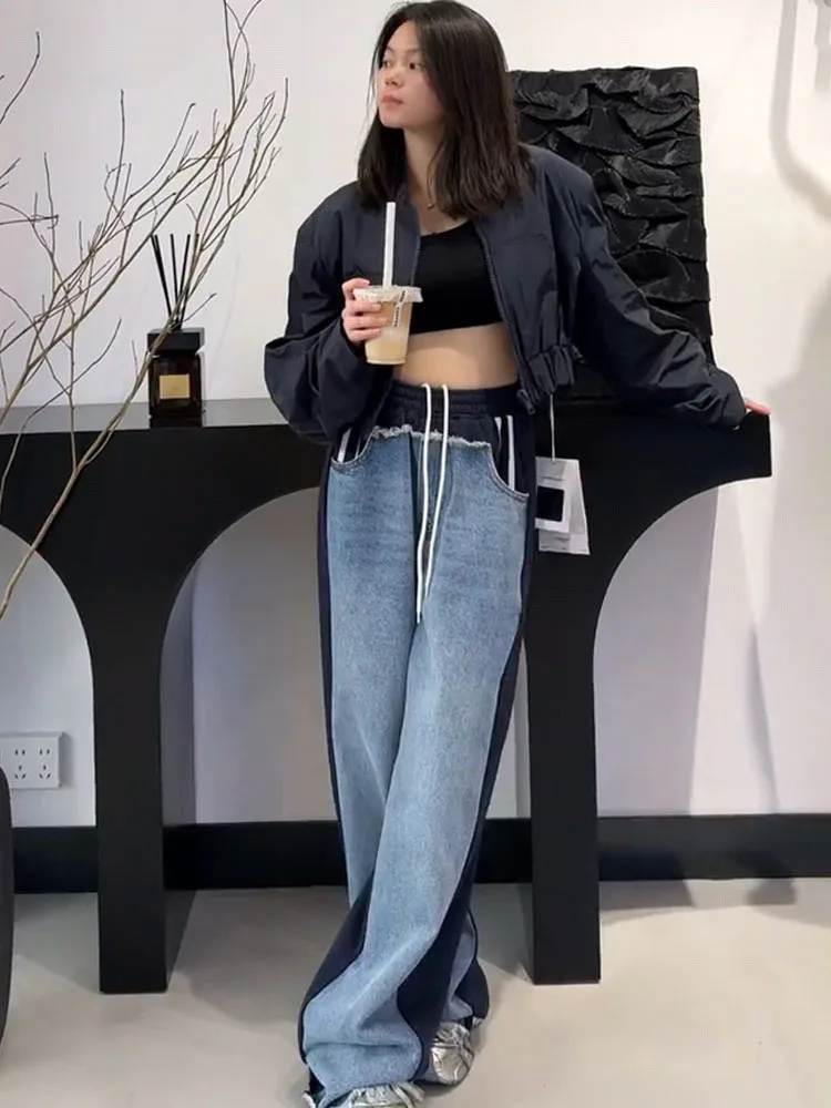 Retro Faionable Slimming Elastic Waist Straight Leg Denim Sweatpants Women's Loose Color Blo Casual Pants High Waist