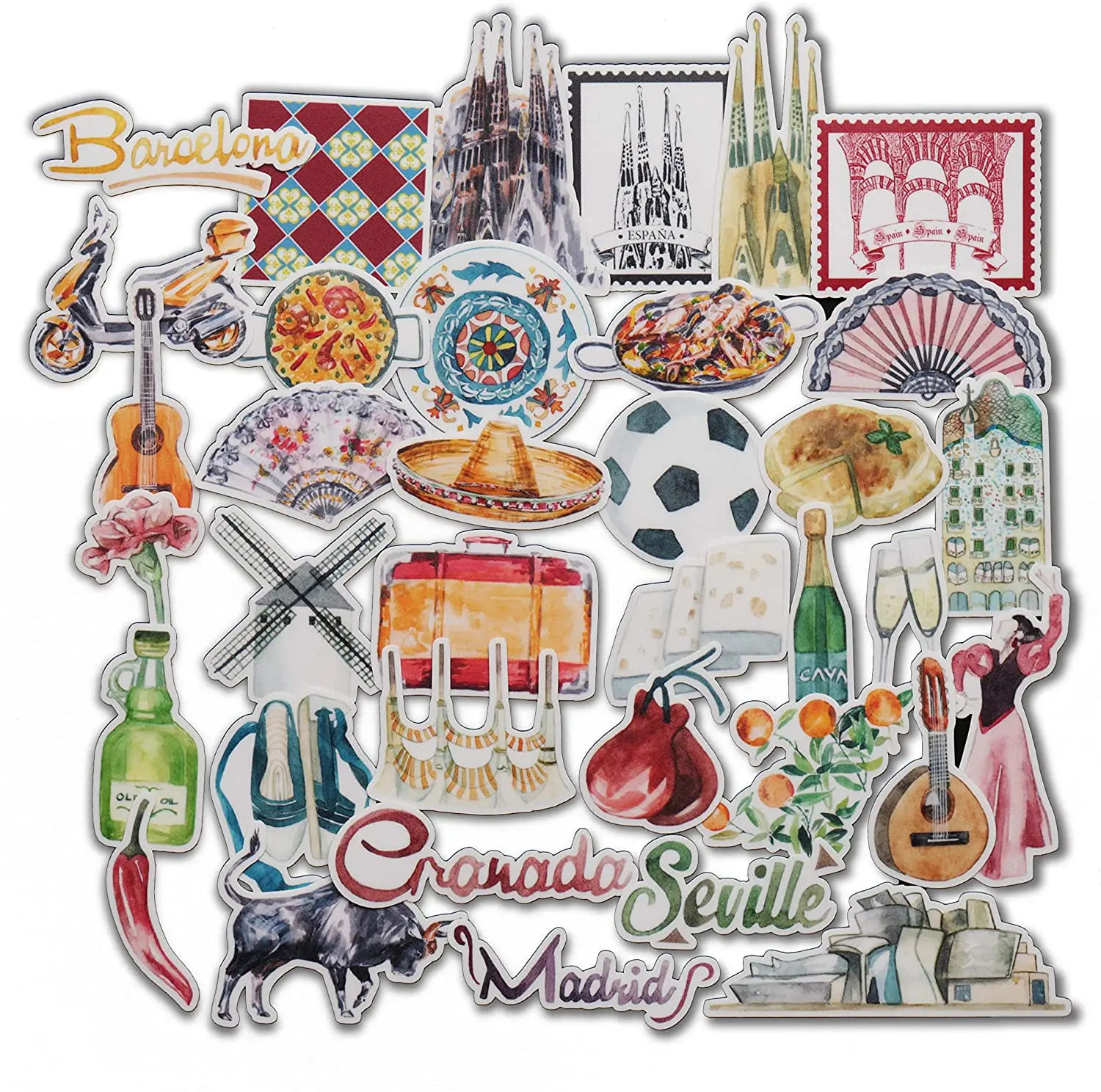 

Pack of 36 Spain Themed Travel Stickers Pack Aesthetic Decals for Water Bottles, Laptops,Scrapbook, Phone Case