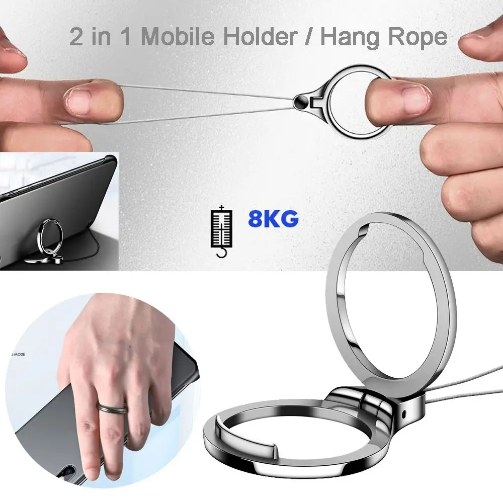 Dual Function Metal Phone Stand and 360° Rotating Finger Ring with Lanyard