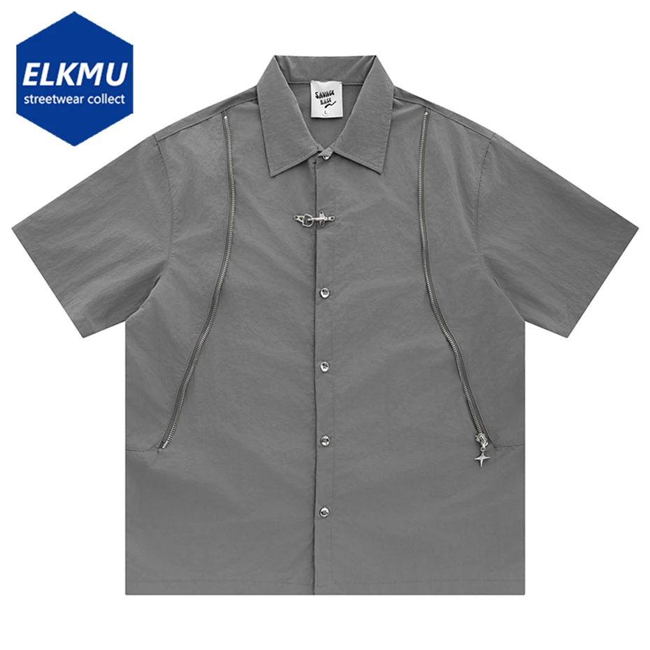 

Рубашка мужская с коротким рукавом, модная уличная одежда в стиле хип-хоп, свободная блузка на пуговицах, черный и серый цвета