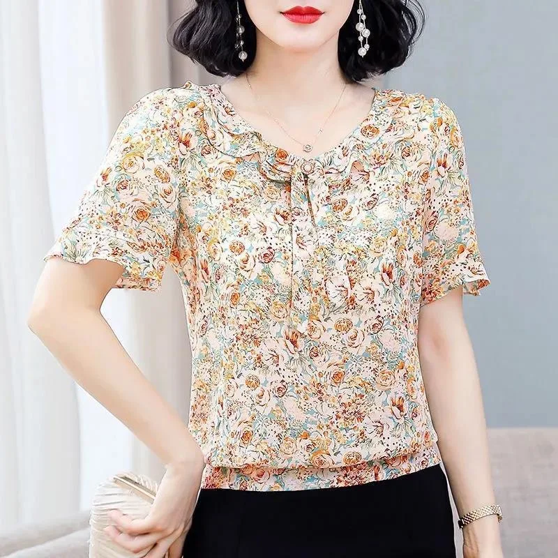 Women Spring Summer Style Chiffon Blouses Shirts Lady Casual Short Flare Sleeve Bow Tie Collar Chiffon Blusas Tops DF4116