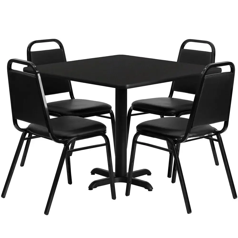 5-Piece Square Dining Table Set with X-Base and 4 Trapezoidal Back Chairs Durable Restaurant Cafe Banquet Furniture 2