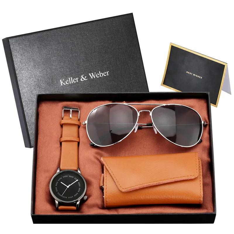 

Simple Design Men's Fashion Sunglasses with Leather Key Package Men Quartz Analog Wrist Watch Best Gift Set To Boyfriend Husband
